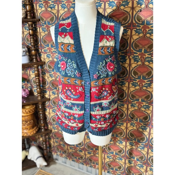 Vintage Knit Vest Cottagecore Floral Bird Tapestry Sweater Vest Sleeveless - Picture 1 of 3